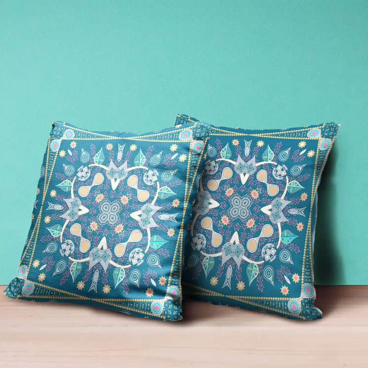 16" x 16" Aqua Blown Seam Paisley Indoor Outdoor Throw Pillow