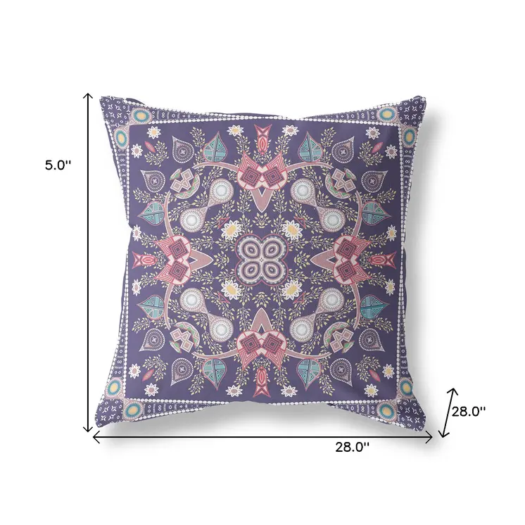 28" x 28" Purple Blown Seam Paisley Indoor Outdoor Throw Pillow