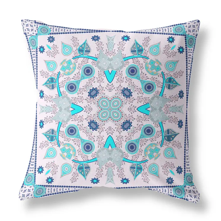 20" X 20" Light Blue Blown Seam Floral Indoor Outdoor Throw Pillow