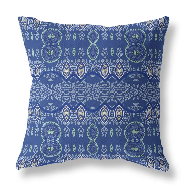 26" X 26" Navy Blue Blown Seam Paisley Indoor Outdoor Throw Pillow
