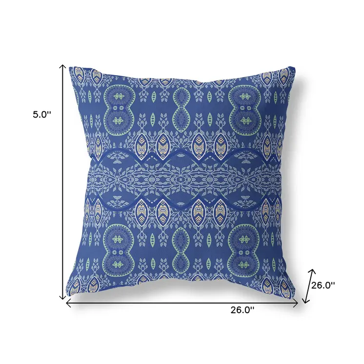 26" X 26" Navy Blue Blown Seam Paisley Indoor Outdoor Throw Pillow