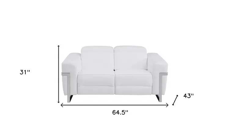 65" White And Silver Italian Leather Power Reclining Loveseat