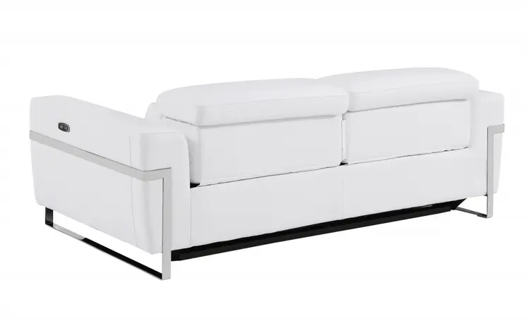 83" White Italian Leather USB Reclining Sofa With Chrome Legs