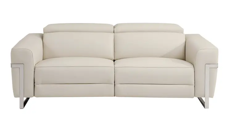 83" Beige Italian Leather USB Reclining Sofa With Silver Legs