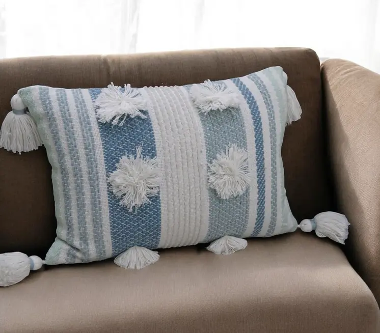 14" X 20" Cream and Blue Striped Cotton Blend Lumbar Throw Pillow With Pom-poms and Tassels