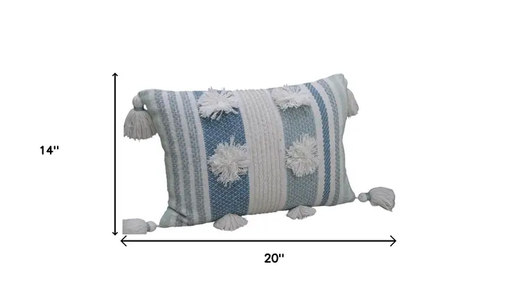 14" X 20" Cream and Blue Striped Cotton Blend Lumbar Throw Pillow With Pom-poms and Tassels