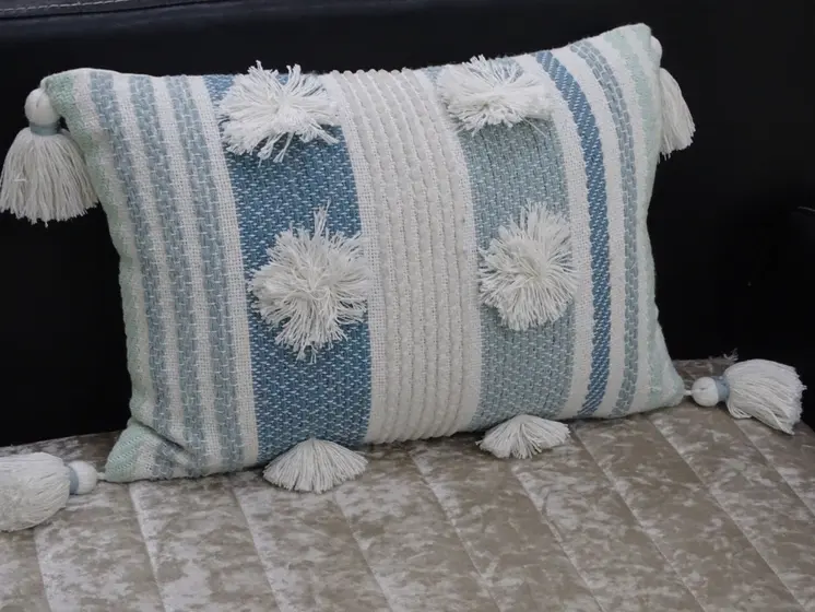 14" X 20" Cream and Blue Striped Cotton Blend Lumbar Throw Pillow With Pom-poms and Tassels