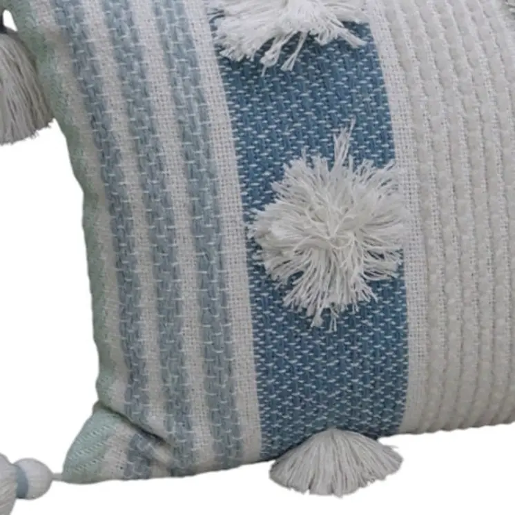 14" X 20" Cream and Blue Striped Cotton Blend Lumbar Throw Pillow With Pom-poms and Tassels