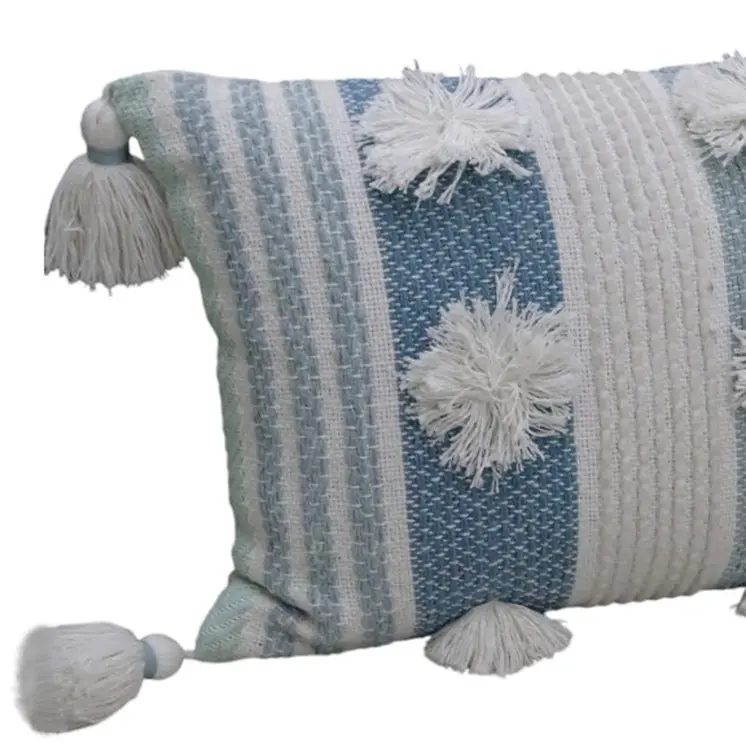 14" X 20" Cream and Blue Striped Cotton Blend Lumbar Throw Pillow With Pom-poms and Tassels