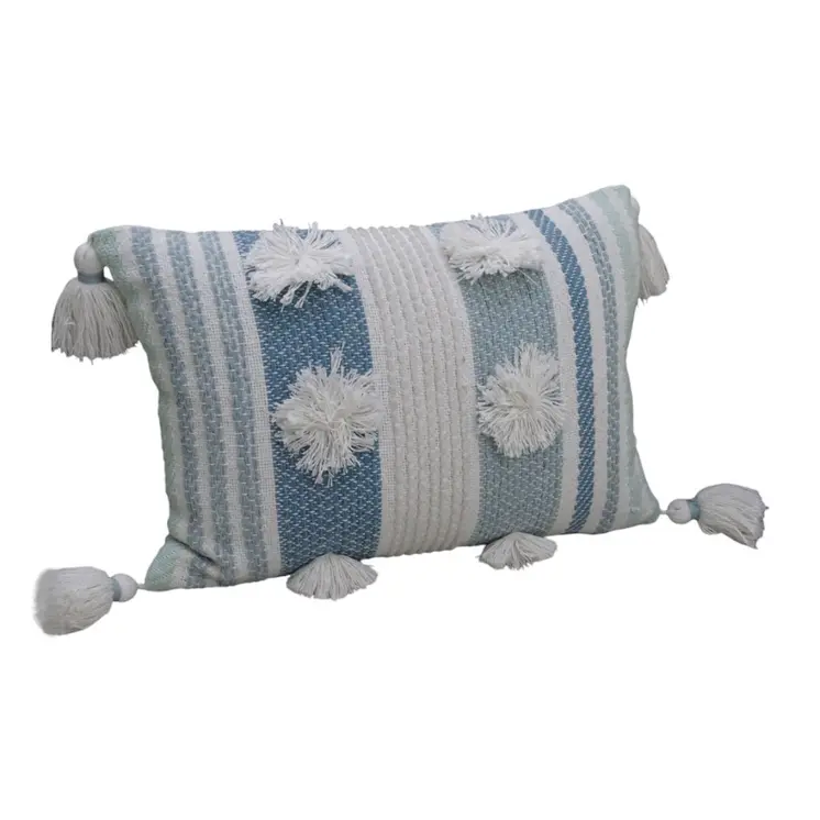 14" X 20" Cream and Blue Striped Cotton Blend Lumbar Throw Pillow With Pom-poms and Tassels