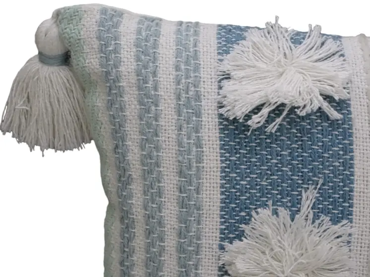 14" X 20" Cream and Blue Striped Cotton Blend Lumbar Throw Pillow With Pom-poms and Tassels