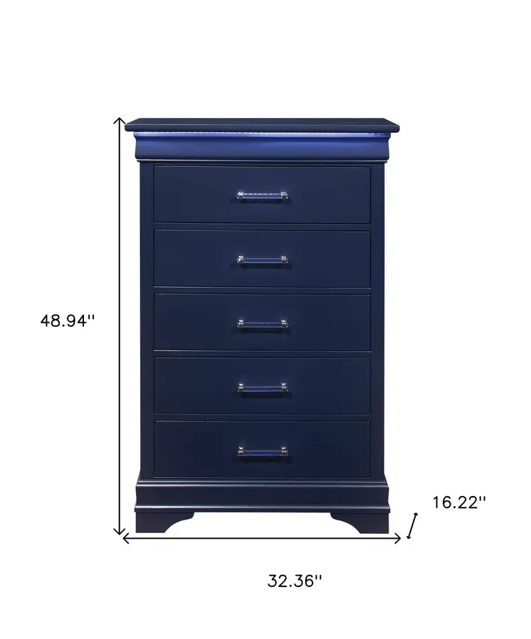 16" Blue Solid Wood Five Drawer Chest With LED Lighting