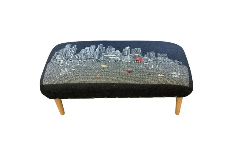38" Gray Wool and Brown Ottoman