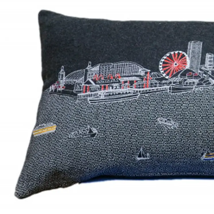 14" X 45" Black Gray and White Hometown Pride Wool Lumbar Throw Pillow