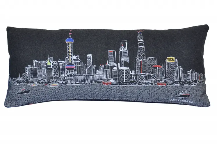 14" X 35" Black Gray and White Hometown Pride Wool Lumbar Throw Pillow