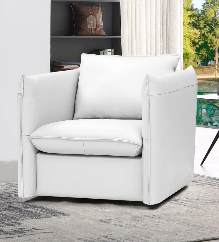 36" White And Silver Genuine Leather Swivel Lounge Chair