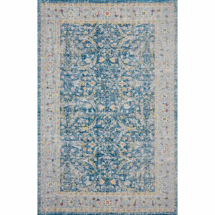 5' X 8' Blue Floral Stain Resistant Indoor Outdoor Area Rug