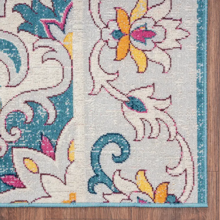 5' X 8' Blue And Ivory Floral Stain Resistant Indoor Outdoor Area Rug