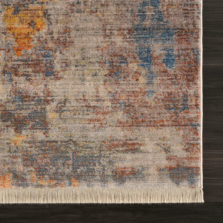 8' X 10' Gray Beige Blue And Yellow Abstract Power Loom Distressed Stain Resistant Area Rug