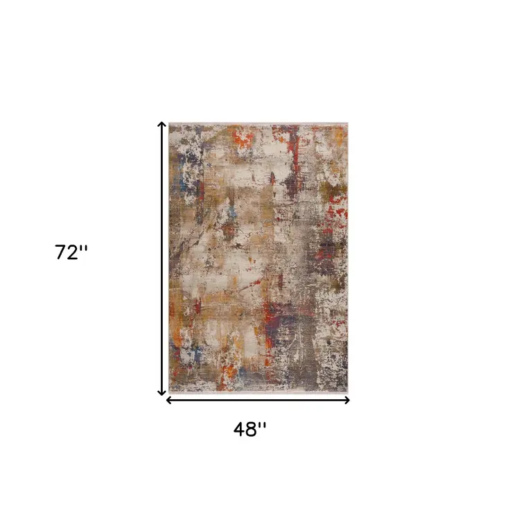 4' X 6' Gray And Ivory Abstract Power Loom Distressed Stain Resistant Area Rug