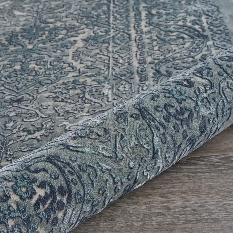 2' X 3' Blue Silver Gray And Cream Damask Distressed Stain Resistant Area Rug