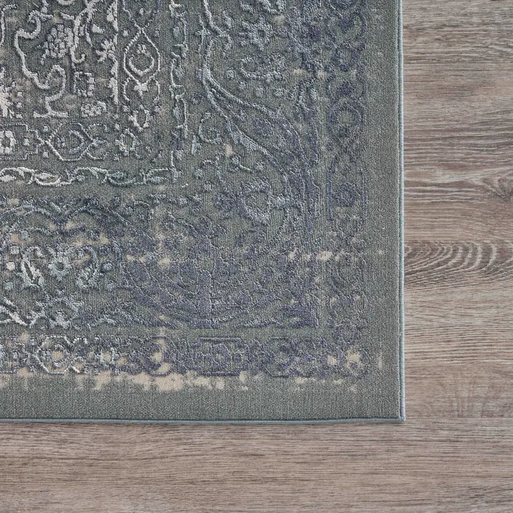 2' X 3' Blue Silver Gray And Cream Damask Distressed Stain Resistant Area Rug