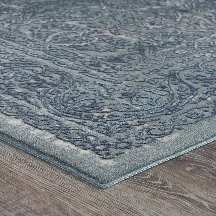 5' X 8' Blue Silver Gray And Cream Damask Distressed Stain Resistant Area Rug