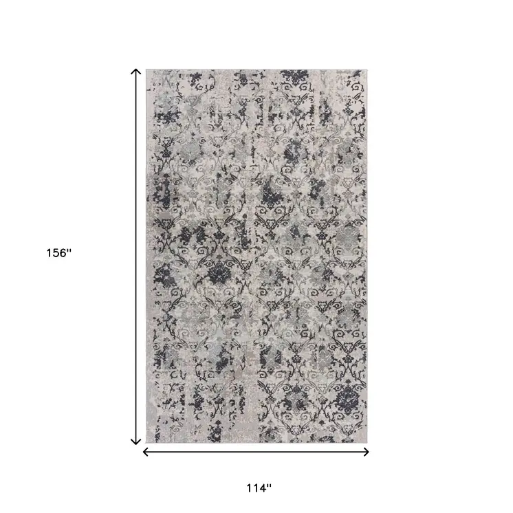 10' X 13' Cream And Gray Damask Stain Resistant Area Rug