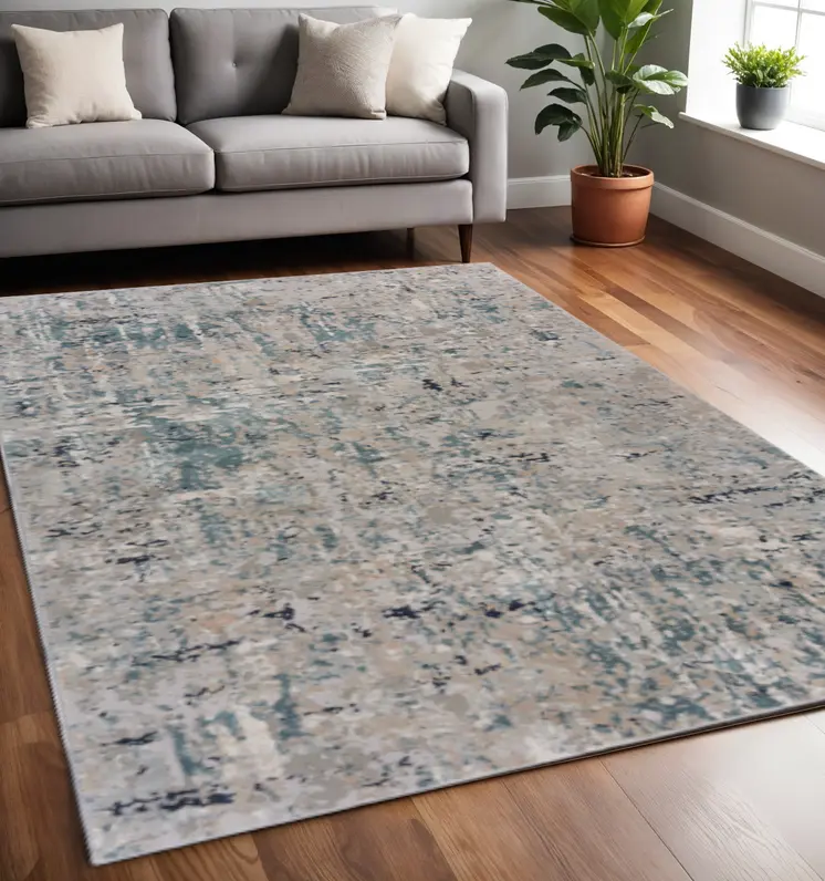 5' X 8' Gray Blue Taupe And Cream Abstract Distressed Stain Resistant Area Rug