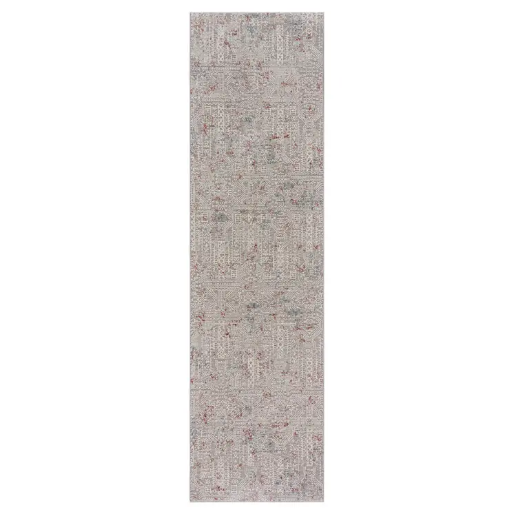 8' Gray Ivory Slate Blue And Wine Red Geometric Distressed Runner Rug