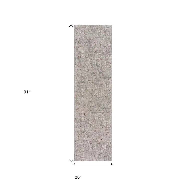 8' Gray Ivory Slate Blue And Wine Red Geometric Distressed Runner Rug