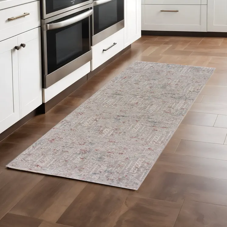 8' Gray Ivory Slate Blue And Wine Red Geometric Distressed Runner Rug