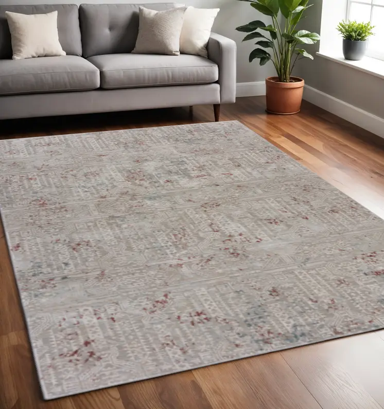 5' X 8' Gray Ivory Slate Blue And Wine Red Geometric Stain Resistant Area Rug
