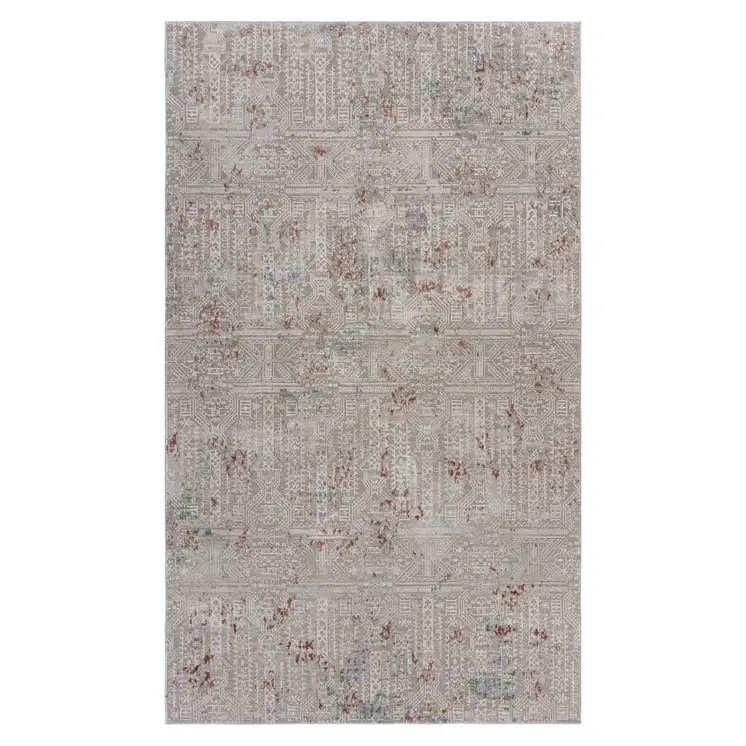 10' X 13' Gray Ivory Slate Blue And Wine Red Geometric Stain Resistant Area Rug