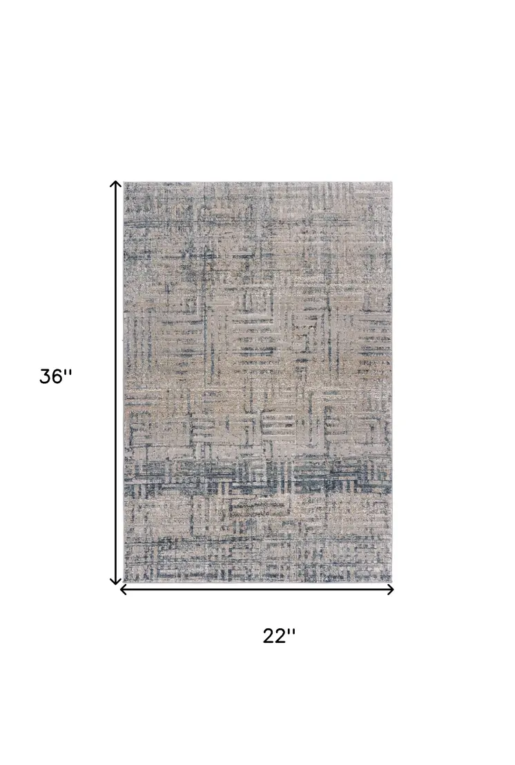 2' X 3' Cream Blue And Ivory Geometric Distressed Stain Resistant Area Rug