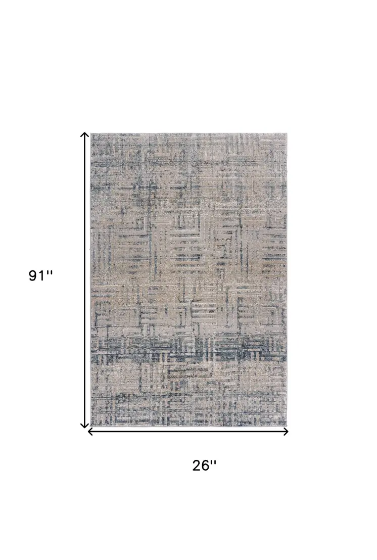 8' Cream Blue And Ivory Geometric Distressed Runner Rug