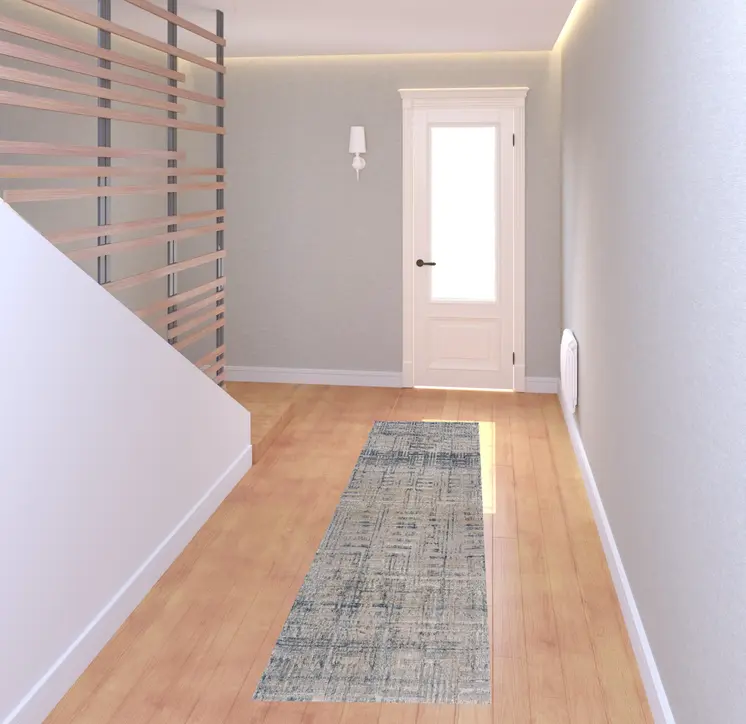 8' Cream Blue And Ivory Geometric Distressed Runner Rug