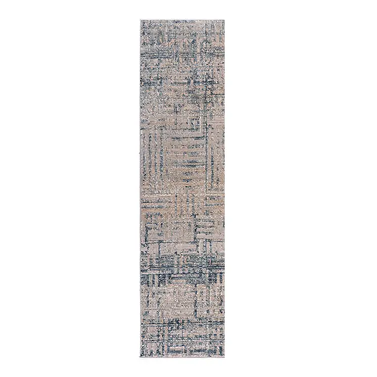 8' Cream Blue And Ivory Geometric Distressed Runner Rug