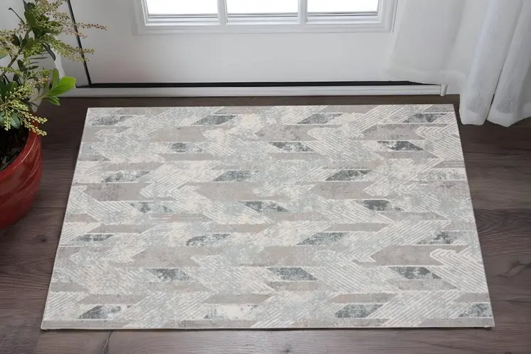 2' X 3' Gray Blue And Cream Geometric Distressed Stain Resistant Area Rug