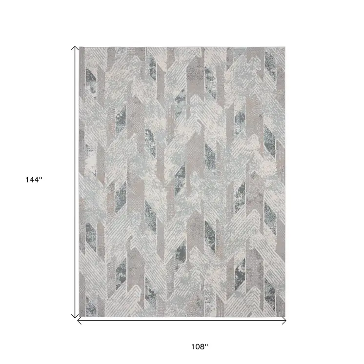 9' X 12' Gray Blue And Cream Geometric Distressed Stain Resistant Area Rug