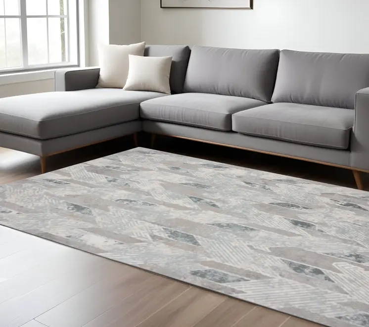 9' X 12' Gray Blue And Cream Geometric Distressed Stain Resistant Area Rug