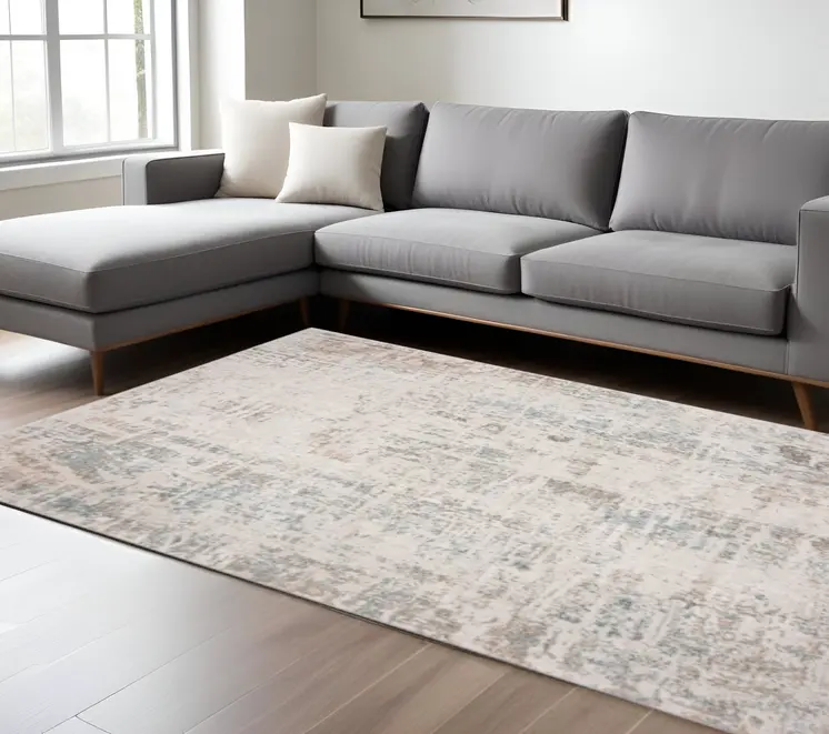 8' X 10' Gray Blue Taupe And Cream Abstract Distressed Stain Resistant Area Rug