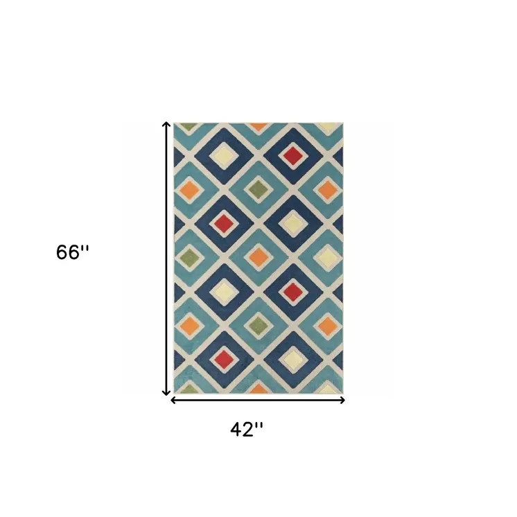 4' X 6' Blue And Ivory Handmade Indoor Outdoor Area Rug