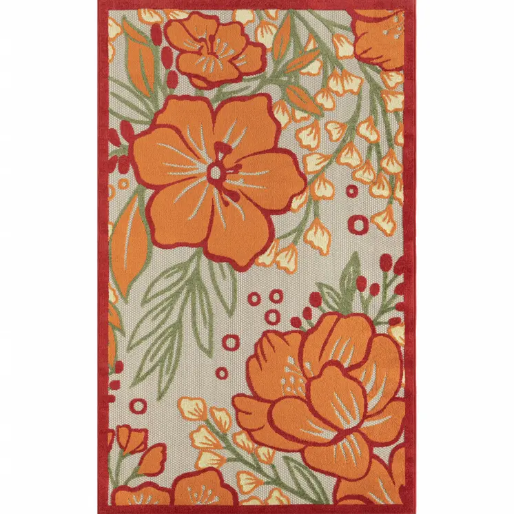 8' X 10' Orange And Ivory Indoor Outdoor Area Rug