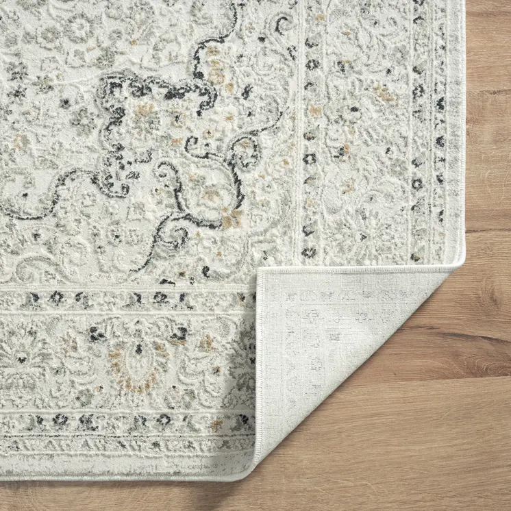 4' X 6' Ivory and Gray Floral Medallion Stain Resistant Area Rug