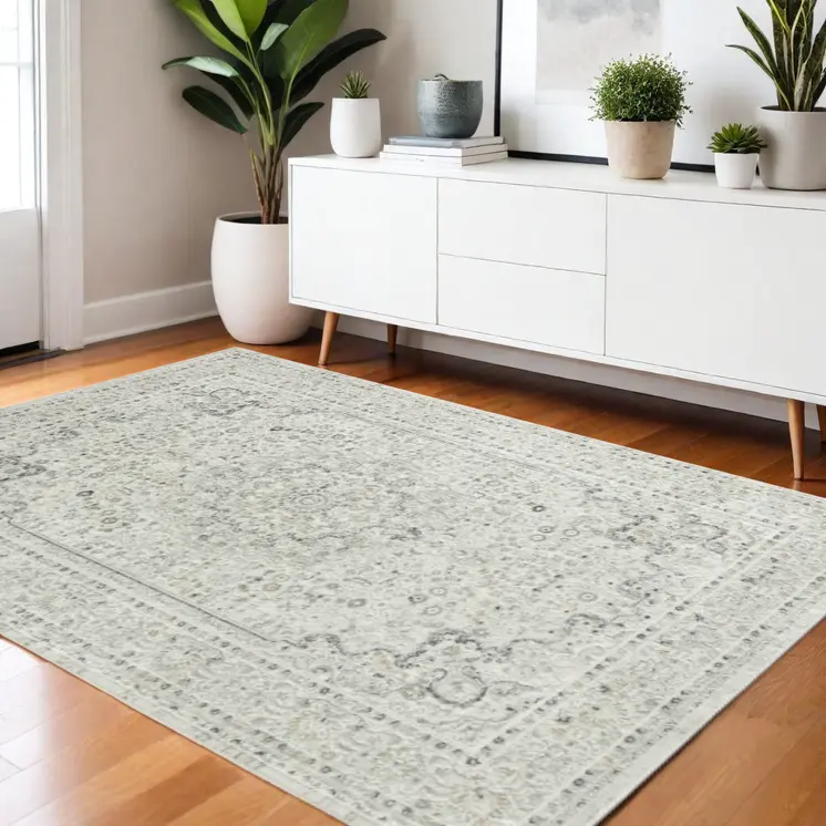 4' X 6' Ivory and Gray Floral Medallion Stain Resistant Area Rug
