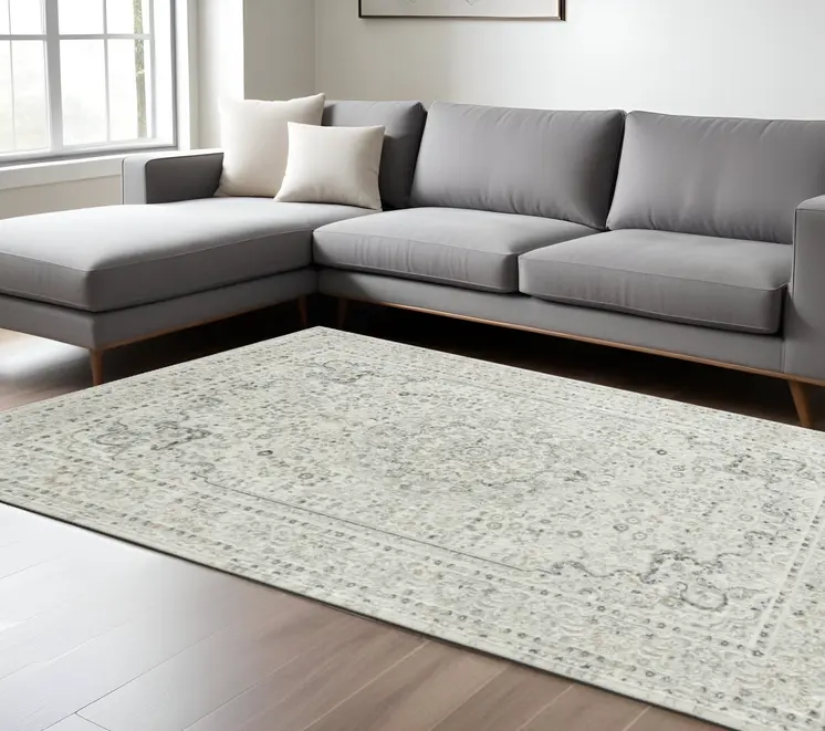 8' X 10' Ivory Gray And Taupe Floral Power Loom Stain Resistant Area Rug
