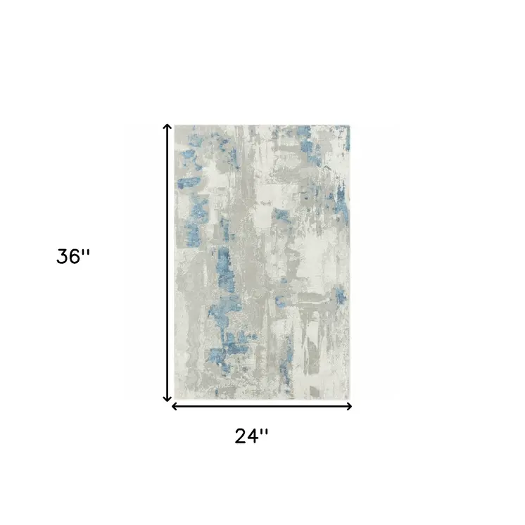 2' X 3' Ivory Gray And Blue Abstract Stain Resistant Area Rug