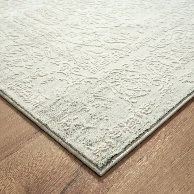 9' X 12' Ivory And Gray Floral Power Loom Distressed Stain Resistant Area Rug