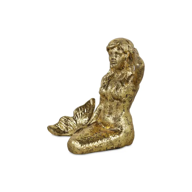 6" Antiqued Brass Cast Iron Mermaid Hand Painted Statue Tabletop Sculpture